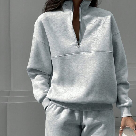 Grey Casual Women's Half Zipper Hoodie And Jogger Pants Two Piece Set - Picture 6 of 7